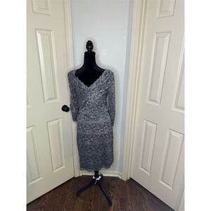 Marina Women's Size 10 Grey Lace Knee Length Dress V-Neck Long Sleeve Elegant